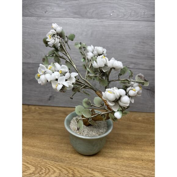 Vintage Chinese Jade Quartz Stone Glass Flower Bonsai Tree 10" H Celadon Plant - Picture 1 of 10